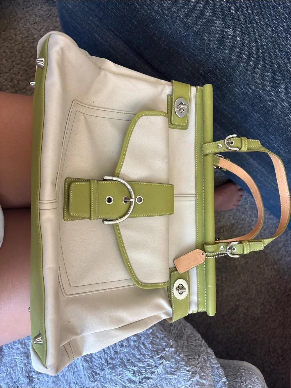 Coach Cream and Light Green Tote with Buckle Detail